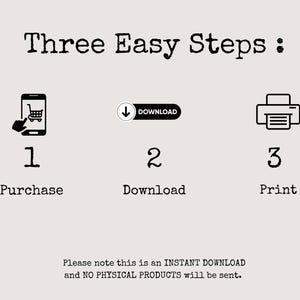 May include: A beige graphic with the text "Three Easy Steps:" followed by numbered steps: Purchase, Download, and Print. Icons of a phone, a download arrow, and a printer illustrate each step. The text "Please note this is an INSTANT DOWNLOAD and NO PHYSICAL PRODUCTS will be sent."