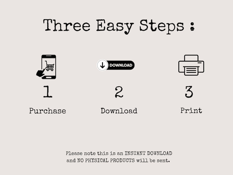 May include: A beige graphic with the text "Three Easy Steps:" followed by numbered steps: Purchase, Download, and Print. Icons of a phone, a download arrow, and a printer illustrate each step. The text "Please note this is an INSTANT DOWNLOAD and NO PHYSICAL PRODUCTS will be sent."