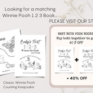 May include: A white print featuring Winnie the Pooh illustrations and text. The print includes a butterfly, the numbers 1-5, and the phrase "Baby's First 1-2-3 Winnie the Pooh and Friends." The image also shows a special offer.