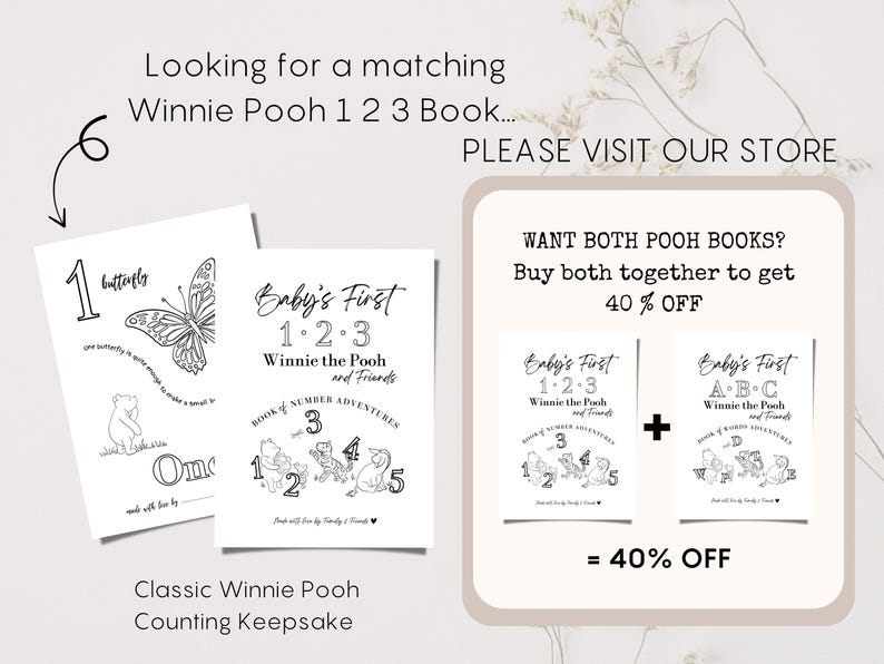 May include: A white print featuring Winnie the Pooh illustrations and text. The print includes a butterfly, the numbers 1-5, and the phrase "Baby's First 1-2-3 Winnie the Pooh and Friends." The image also shows a special offer.