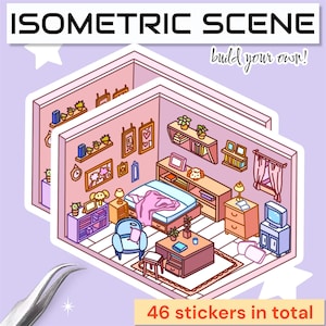 3D Isometric Sticker Scene| Miniature Sticker Pack, Interior Design Sticker Pack, Magical 3D Decals, Geometric Cozy Cottage Artwork, DIY