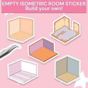 Isometrische stickers lege ruimte| Iso House Designer, stickerpakket interieurontwerp, magische 3D-stickers, geometrisch gezellig huisje-kunstwerk