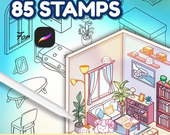 May include: 85 isometric bedroom stamps for Procreate. The image shows a colourful bedroom scene with a sofa, a lamp, a bookcase, a window, and a bed. The stamps are ideal for creating digital art and illustrations.