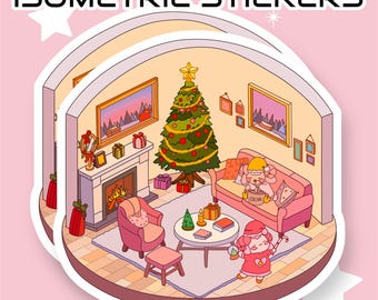 May include: A set of 38 isometric stickers featuring a cozy Christmas scene with a decorated tree, fireplace, presents, and a couple of cute characters. The stickers are perfect for adding a festive touch to your planner, journal, or laptop.