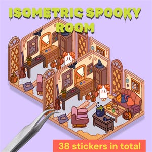 Isometrische gruselige Raumaufkleber | Iso Halloween Home Designer, Innendekoration, 3D-Aufkleber, geometrisches, gemütliches Cottage-Kunstwerk