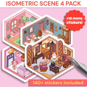 Isometric Room Stickers| Iso 4 Pack House Designer, Interior Design Sticker Pack, Magical 3D Decals, Geometric Miniature Worlds Sticker Room