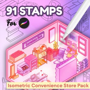 91 Convenience Store Isometric Brush for Procreate, Shop Isometric Brush for Procreate Isometric House 3D Interior Procreate Stamps Brushes