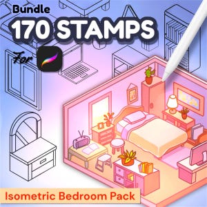 170 Bedroom Scene Isometric Brush for Procreate, Shop Interior Design for Procreate | Isometric House 3D Interior Procreate Stamps Brushes