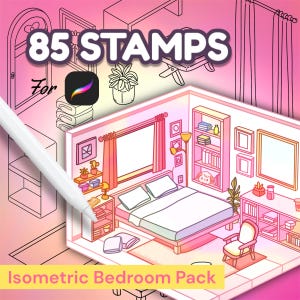 Pode incluir: 85 selos isométricos para Procreate, mostrando um quarto rosa e branco com uma cama, uma mesa de cabeceira, uma cadeira e uma estante. O quarto tem uma janela com cortinas, uma lâmpada e uma planta. O texto "Isometric Bedroom Pack" está na parte inferior da imagem.