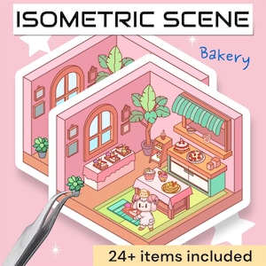 Naklejki do pokoju izometrycznego | Iso Bedroom House Designer, pakiet naklejek do wystroju wnętrz, magiczne naklejki 3D, geometryczne przytulne dzieło sztuki domku