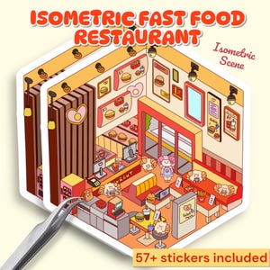 Stickers fastfoodrestaurants| Isometrische scène, stickerpakket huisdesigner interieurontwerp, magische 3D-stickers Geometrisch gezellig huisje-kunstwerk