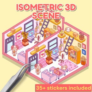 アイソメトリックリビングルームステッカー|アイソホームデザイナーシーン、インテリアデザインステッカーパック、マジカル3Dデカール、幾何学的な居心地の良いコテージアートワーク