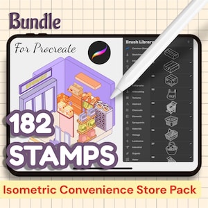 May include: Digital art bundle for Procreate with 182 stamps. The image shows an isometric convenience store pack with a stylus and a brush library. The color palette includes purple, orange, and white.