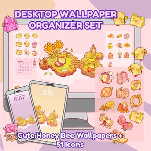 May include: A set of 51 cute honey bee themed icons and two desktop wallpapers. The icons feature a variety of bee-related images, including honeycombs, flowers, and bees. The wallpapers feature a cartoon bee sitting on a flower.