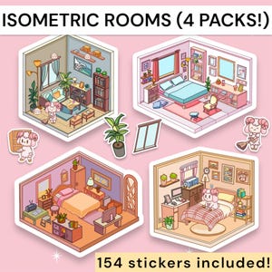 Isometric Room Stickers| Iso 4 Pack House Designer, Interior Design Sticker Pack, Magical 3D Decals, Geometric Miniature Worlds Sticker Room