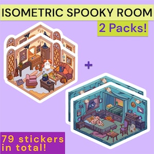 Isometrische gruselige Raumaufkleber | Iso Halloween Home Designer, Innendekoration, 3D-Aufkleber, geometrisches, gemütliches Cottage-Kunstwerk
