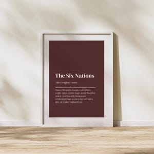 Könnte beinhalten: Ein braunes Poster mit weißem Text, das "The Six Nations" als das beliebteste gesellschaftliche Ereignis in Wales definiert, bei dem Rugby im Mittelpunkt steht, Bier wie Wasser fließt und die einzige Sache, die mehr gefeiert wird als ein Sieg, die kollektive Freude ist, England verlieren zu sehen.