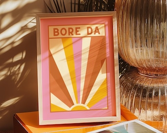 Welsh Bore Da Print: Retro Sun Ray, Cymraeg Home Decor (Digital Download)