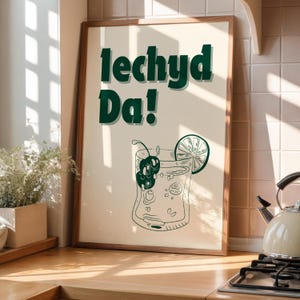 Iechyd Da Welsh Print: Retro Green Alcohol Toast (Digital Nedladdning)