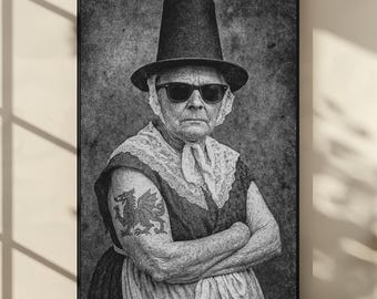 Impresión artística de tatuaje de mujer galesa: Decoración retro humorística de Gales (descarga digital)