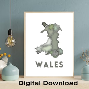 Impresión del mapa de Gales con condados / Mapa verde de Gales / Arte galés / Regalos galeses / Cymru / Impresión digital de Gales / Decoración del hogar galesa / Arte de Gales /