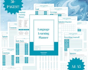 May include: A printable language learning planner with 50+ pages. The planner includes sections for common words, greetings, food, body parts, emotions, alphabet practice, and describing yourself. The planner is available in A4 and A5 sizes.