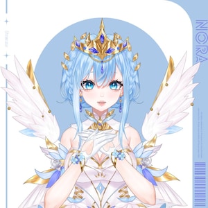 Könnte beinhalten: Eine digitale Illustration einer jungen Frau mit langen blauen Haaren, die ein weißes Kleid und eine goldene Krone mit blauen Edelsteinen trägt. Sie hat große blaue Augen und hält ihre Hände vor ihrer Brust zusammen. Sie hat weiße Flügel mit goldenen Akzenten.