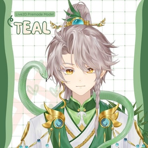 May include: A digital illustration of a young person with silver hair, wearing a green and gold outfit with a snake wrapped around their arm. The text "TEAL" is written in large letters above the person's head.