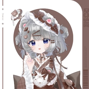 May include: A digital illustration of a cartoon character with gray hair, blue eyes, and a brown and white outfit. The character is wearing a hat with a brown bear and chocolate accents. The background is a brown circle.
