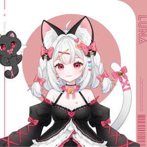 Könnte beinhalten: Eine digitale Illustration eines Anime-Charakters mit weißen Haaren, Katzenohren, einem schwarz-weißen Katzen Schwanz und einem schwarz-rosa Outfit. Der Charakter hat rote Augen und trägt eine rosa Schleife im Haar. Der Charakter ist von einem rosa Hintergrund mit dem Wort "LUNA" in weißem Text umgeben.