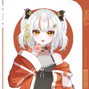 Puede incluir: Ilustración de estilo anime de un personaje con cabello blanco, reflejos naranjas y ojos amarillos. El personaje lleva una camiseta negra, una chaqueta naranja y un collar de gargantilla. El personaje sostiene una piruleta con forma de conejo. La palabra "Milla" es visible.