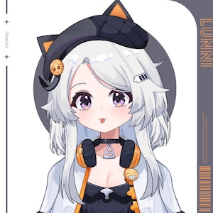 Könnte beinhalten: Anime-Illustration eines Charakters mit weißen Haaren, lila Augen und einem schwarz-orangen Hut. Die Figur trägt ein schwarzes Oberteil, eine weiße Jacke und orangefarbene Kopfhörer. Das Bild enthält den Text "LUNINII" und "Showcase".