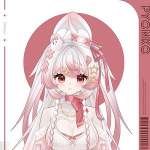 May include: An anime-style illustration of a character with white and pink hair, red eyes, and a pink ribbon. The character wears a white dress with a heart-shaped cutout and gold accents. The background features a pink circle and the text "PYONIKO".