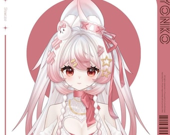 May include: An anime-style illustration of a character with white and pink hair, red eyes, and a pink ribbon. The character wears a white dress with a heart-shaped cutout and gold accents. The background features a pink circle and the text "PYONIKO".