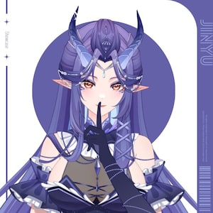 May include: Illustration of a character with long purple hair, pointed ears, and horns. The character is wearing a dark blue dress and gloves, with a finger pressed to their lips. The background is a light purple circle with the text "JINYU".