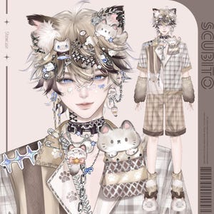 May include: An anime-style character illustration featuring a person with light brown hair, cat ears, and blue eyes. The character wears a beige plaid shirt, shorts, and a black choker. Accessories include cat-themed charms, chains, and pins.