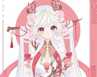 May include: Anime-style illustration of a character with white hair, pink eyes, and floral decorations. The character wears a pink and white outfit with green accents. The background features a pink circle and the text "TAOMIIN".