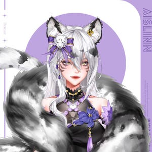 Op de afbeelding: Een digitale illustratie van een anime-personage met wit haar, kattenoren en een paars-witte strik. Het personage draagt een zwart-paarse jurk met een witte kraag en een wit-zwarte bontjas. De achtergrond is een paarse gradiënt.
