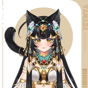 May include: A digital illustration of a woman with black cat ears and a long black wig. She is wearing a gold and blue Egyptian-style costume with a large red jewel on her chest.