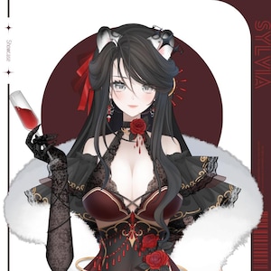 May include: An anime-style illustration of a woman with long black hair, cat ears, and a dark red and black dress. She holds a glass of red wine, wearing black lace gloves. The background features a dark red circle and the name "SYLVIA".