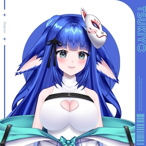 May include: Anime-style illustration of a character with blue hair, fox ears, and a white mask. The character wears a white top with a heart design and a teal cape. The word "TSUKIYO" is printed vertically on the right side.