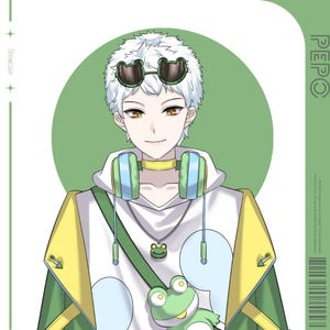May include: Anime-style illustration of a person with white hair, wearing sunglasses, a white hoodie with yellow and green accents, and headphones. A frog-shaped pendant and a frog bag are also visible. The background features a green circle and text.