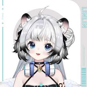 Op de afbeelding: Een digitale illustratie van een jonge vrouw met wit en zwart haar, blauwe ogen en kattenoren. Ze draagt een zwarte choker, een blauwe en witte headset en een zwart-witte outfit. De achtergrond is wit.
