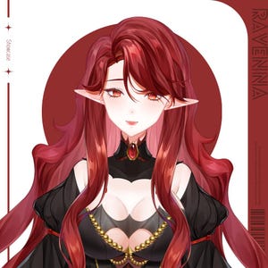 Peut inclure: Illustration numérique d'une femme aux longs cheveux roux flottants. Elle porte une robe noire à décolleté plongeant et un collier en or. Elle a un bijou rouge sur la poitrine et des oreilles d'elfe.