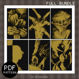 Peut inclure: Une impression d'art numérique présentant six illustrations pixélisées en or et noir. La rangée supérieure comprend des images de mains et de figures abstraites. La rangée inférieure montre un profil et d'autres figures abstraites. Le texte comprend "FULL BUNDLE", "PDF PATTERN" et le nom de l'artiste.