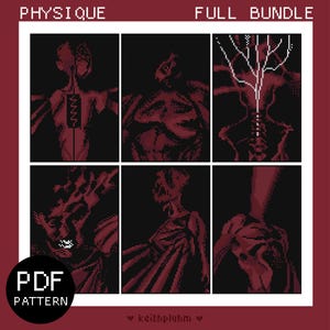 Peut inclure: Un modèle PDF numérique intitulé PHYSIQUE FULL BUNDLE présentant six illustrations en pixel art dans des tons rouge foncé et noir. La grille affiche des figures anatomiques stylisées et des formes abstraites, avec un badge PDF PATTERN.