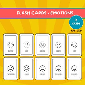 Tarjetas didácticas sobre emociones para niños y adultos / Actividad de aprendizaje y coloración / 10 imprimibles educativos en blanco y negro