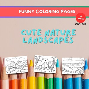 Cute Nature Landscapes Coloring pages for Kids / Adults - 10 Instant PDF Download, 8.5 x 11, Relaxing Nature Scenes for Stress Relief & Fun