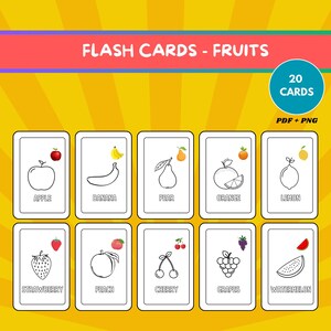 Printable Fruit Flashcards for Kids and Adults | Black and White Coloring Cards | Learn Fruits with Fun and Creativity