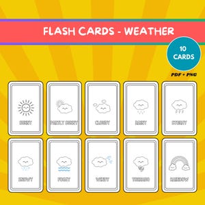 Flashcards météo pour enfants | 10 cartes-éclair éducatives et à colorier | Outil d'apprentissage imprimable en noir et blanc pour les tout-petits, les enfants et les adultes